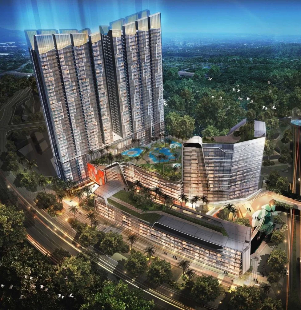 Aerial night render of the Rio City towers, podium gardens and pool deck set in green surroundings